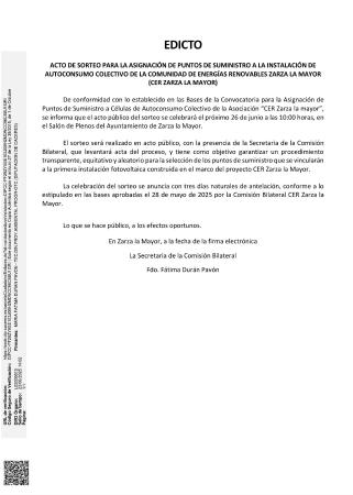 Imagen 26 de Junio - Sorteo para la asignación de puntos de suministro a la instalación de autoconsumo colectivo de la Comunidad de Energías Renovables Zarza la Mayor